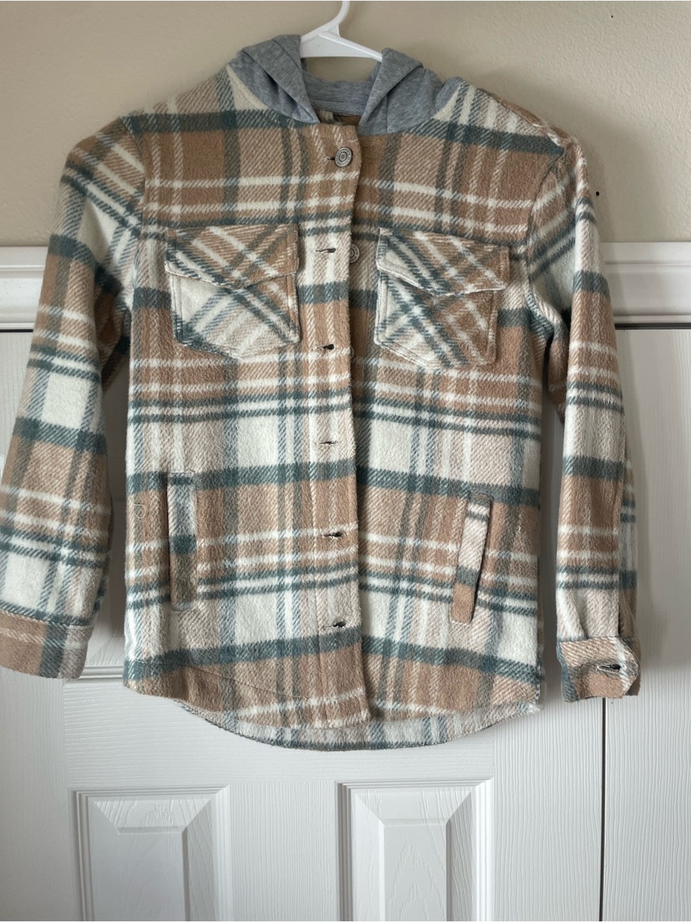 RSQ Neutral Plaid Shacket with Gray Hood